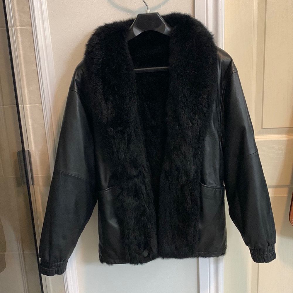 Vintage 90s Black Reversible Mob Wife Leather/Fur Jacket